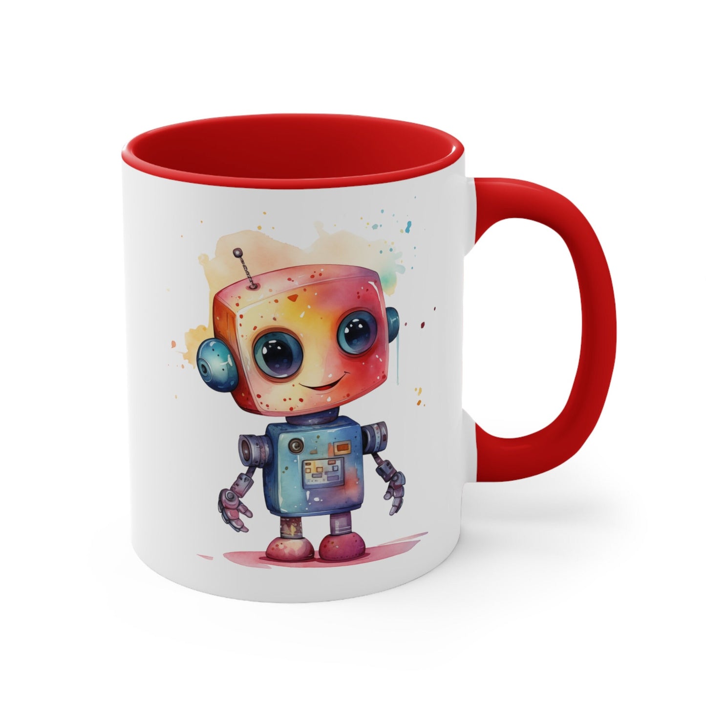 11oz Ceramic Robot Mug - Cute Watercolor Design - Unique Drinkware