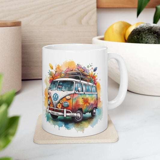 11oz Ceramic Hippie Van Watercolor Mug - Artistic Drinkware