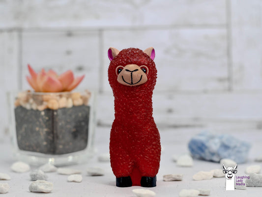 Deep Rustic Red Alpaca Figurine  Unique Hand-Painted Resin Llama Décor