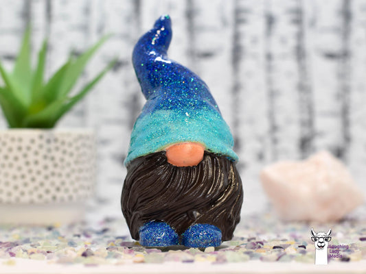 Adorable Gnome Decor, Blue Glitter Hat Gnome, Brown Beard Ornament, Outdoor Decor, Collectible, Concrete and Resin Gnome