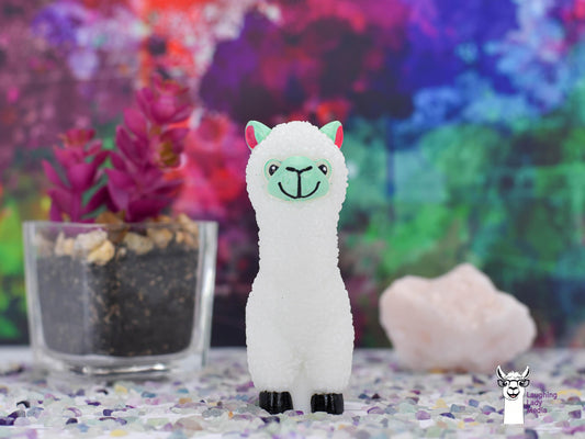 Hand-Painted White and Mint Alpaca  Unique Resin Llama Home Décor