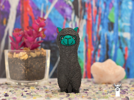 Black Resin Llama with Teal Face  Handmade Adorable Alpaca Figurine