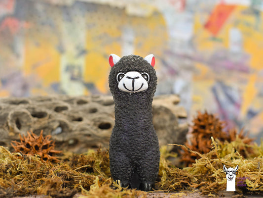 Black Resin Alpaca Figurine  Handmade White Face Llama for Home Accent